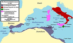 Una mappa del Mediterraneo occidentale che mostra il territorio ceduto a Roma da Cartagine in base al trattato.