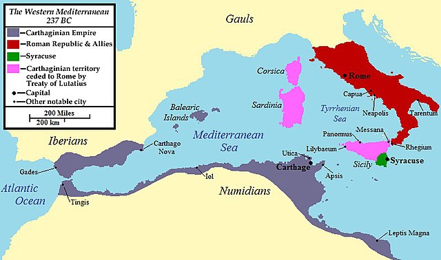 Territory ceded to Rome by Carthage under the treaty is shown in pink