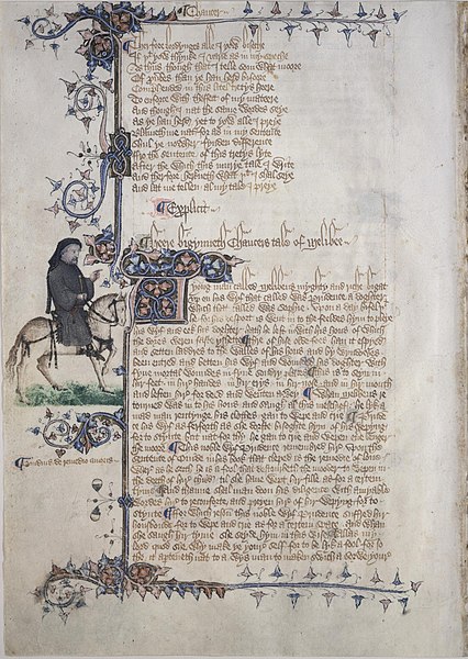 Chaucer as a pilgrim, in the early 15th-century illuminated Ellesmere manuscript of the Canterbury Tales