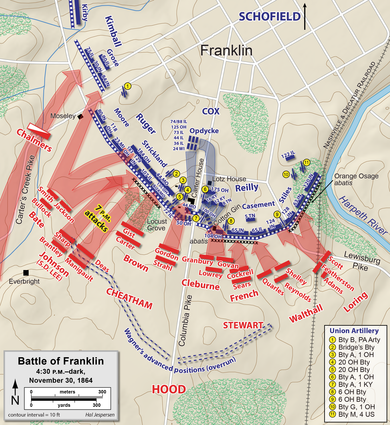 Bridges' Battery is shown near Strickland's brigade in this Battle of Franklin map. Franklin battle 1630.png