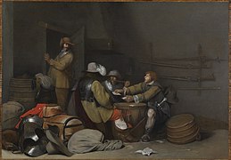 different from: A Guardroom Interior with Soldiers Smoking and Playing Cards 