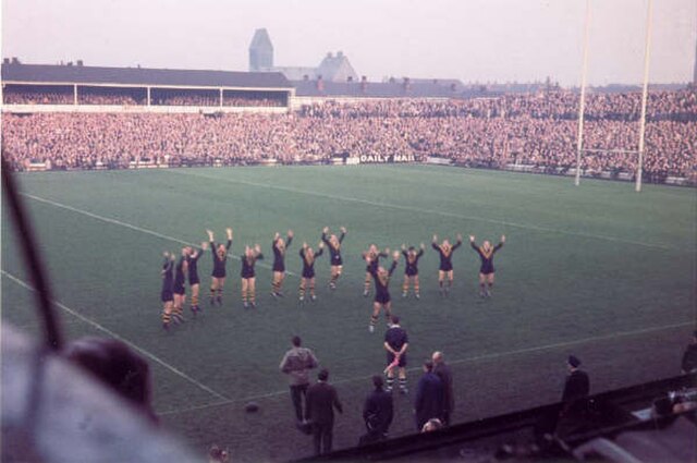The Kangaroos performing the war cry prior to the test against Great Britain in 1963 at Station Road.