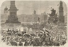 Garibaldi is welcomed by cheering crowds in Trafalgar Square as he arrives in London, England. Garibaldi a Londres 1864.jpg