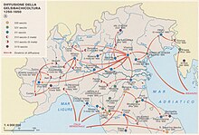 Silk production in Northen Italy from 13th to 17th centuries Gelsibachicoltura Nord Italia 1250-1650 - Map Early industrialization 1992 - Touring Club Italiano CART-TEM-073.jpg