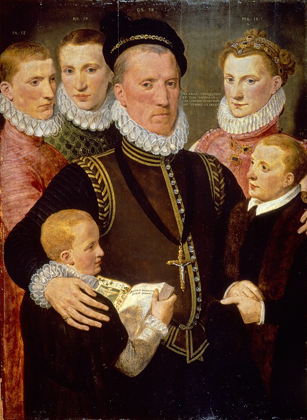 George, Lord Seton, and his children in 1572, including Margaret, Lady Paisley, Robert, Earl of Winton, Sir John Seton of Barns and Alexander Seton