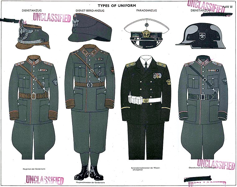 File:German Police (Nazi Germany WW2) Supreme Headq. Allied Expedit. Force SHAEF April 1945 Pl. 6 Uniforms Orpo Gendarmerie Wasserschupo Feuerschupo Dienstanzug Parade Berg Shako Mütze Stahlhelm Waffenrock No copyright Brightened.jpg