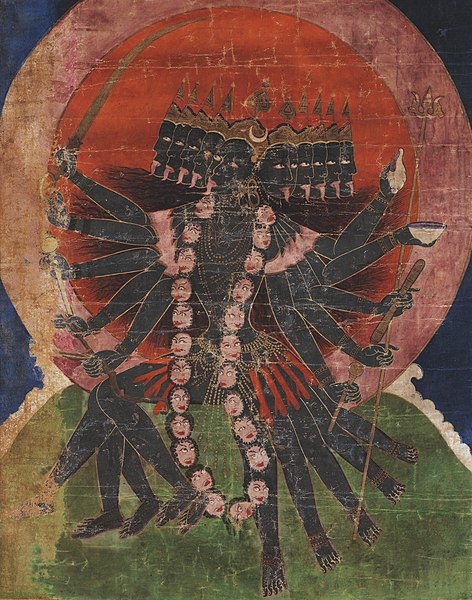 Mahakali, goddess of time and death, depicted with a black complexion with ten heads, arms and legs.