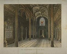 An early 19th century print showing the Gothic Conservatory at Carlton House in London, which was added by Thomas Hopper to the neoclassical mansion which had been remodelled by Henry Holland for the Prince of Wales.
