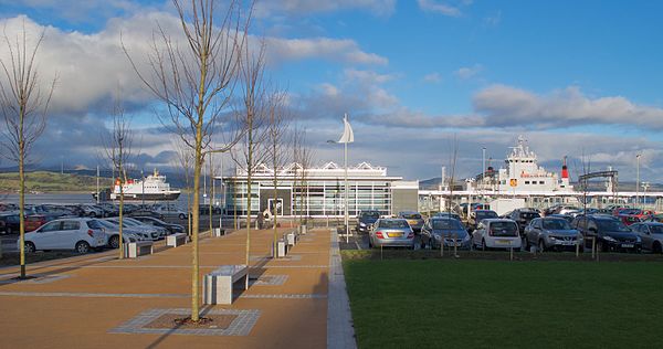 Landscaped approach from Shore Street to Gourock railway station, with MV Argyle and MV Coruisk heading to and from the ferry terminal.