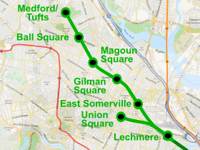 Map of the Green Line Extension. Nearby parts of the Red Line and Orange Line are also shown. Green Line Extension.svg