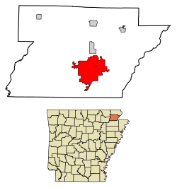 Location of Paragould in Greene County, Arkansas.