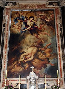 Der Erzengel Michael vertreibt die gefallenen Engel, ca. 1680, Öl auf Leinwand, Santa Maria delle Vigne, Genua
