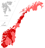 Outbreak evolution in Norway:
500+ cases
50+ cases
5+ cases
1+ cases H1N1 Norway map by confirmed cases.svg