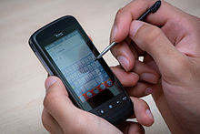 A smartphone being operated with a stylus HTC Touch2 used with a stylus.jpg