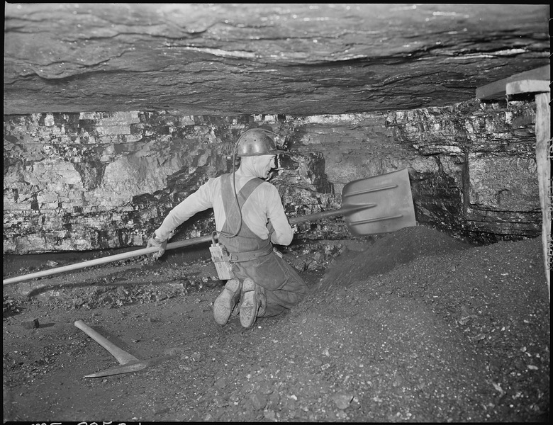 File:Harry Fain, coal loader, removes "bug dust" from undercut made by cutting machine. "Bug dust" is mixture of slate and... - NARA - 541484.tif