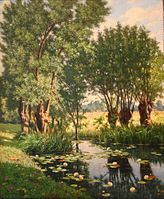 Henri Biva, River Scene in Spring, France (View of Willow Trees on the Bank of a River with Waterlilies), oil on canvas, approx 60 x 49 cm