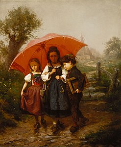 Children under a red umbrella label QS:Len,"Children under a red umbrella" 1865