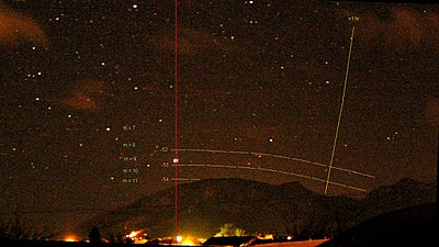 HAO view of the southern horizon − mountains are at 4.0 deg elevation on the meridian (vertical red line) − star Canopus (declination -52.7 deg) is transiting.