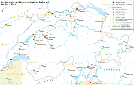 Celtic (orange) and Rhaetic (green) settlements in Switzerland Historische Karte CH Helvet.png