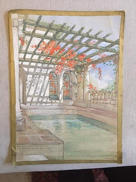 1925 watercolour painting (10x14 inches) signed by [Lady] Gilbert Carter of Ilaro Court's swimming pool, with her penciled "Emblem of life which still