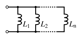 A diagram of several inductors, side by side, both leads of each connected to the same wires.