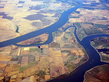 Aerial view of the Delta region, showing the Sacramento River (above) and the San Joaquin River.