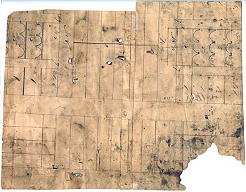 Plans for the Kirtland House of the Lord. On the other side are pasted ancient Egyptian Papyri Fragments, part of the collection Joseph Smith used to translate the Book of Abraham JSPIII Backing.JPG