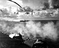 Japanese plane shot down as it attempted to attack USS KITKUN BAY." Near Mariana Islands, June 1944