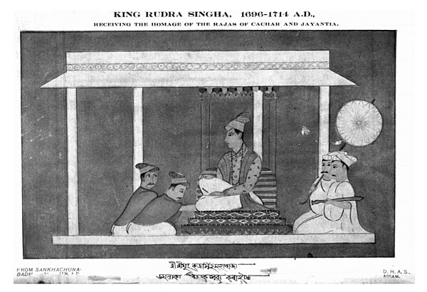 Rudra Singha receiving the homage of the Dimasa and Jayantia kings in his court.