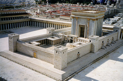 A model of Herod's Temple adjacent to the Shrine of the Book exhibit at the Israel Museum, Jerusalem.