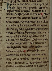 Medieval Welsh text from the Red Book of Hergest on uroscopy, called Ansoddau'r Trwnc
(the 'Qualities of Urine'). Opening lines (translated):
"Since it is through the qualities of the urine that a person's faults and his dangers and his diseases and his illness can be identified..." Jesus-College-MS-111 00470 235v (cropped) Ansoddau'r Trwnc.jpg