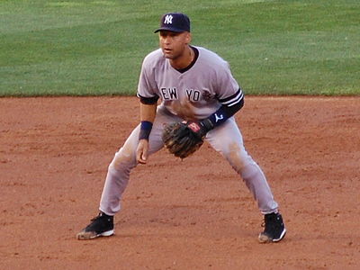 Yankees former shortstop Derek Jeter getting ready to field his position in 2007