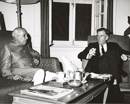 U.S. Ambassador to India John Kenneth Galbraith and Prime Minister Nehru conferring at the time of the conflict. This photograph was taken by the United States Information Service (USIS) and sent to President John F. Kennedy with a letter from Galbraith dated 9 November 1962.