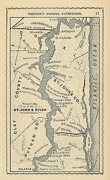 1876 map showing Picolata and Tocoi along the St. johns River west.of St. Augustine John P. Whitney's Florida Pathfinder, 1876, page 11.jpg