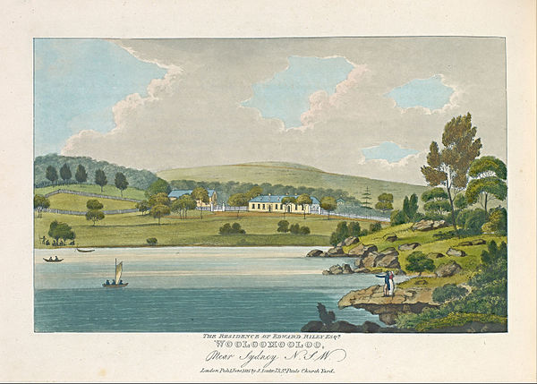 Joseph Lycett, an artist transported for forging bank notes, The residence of Edward Riley Esquire, Wooloomooloo, Near Sydney N. S. W., 1825, hand-col