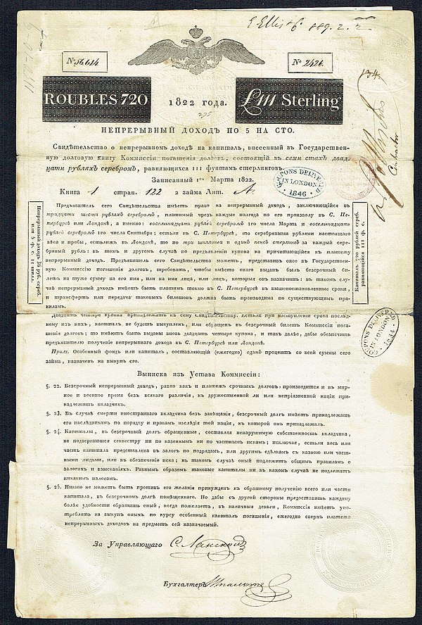Bond of the Russian Government, issued 1 March 1822, signed by Nathan Mayer Rothschild