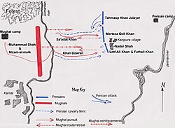 At the Battle of Karnal, Nader crushed an enormous Mughal army six times greater than his own Karnal battle based on Axworthy's interpretation.jpg