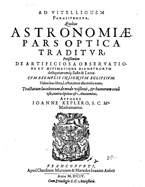 The first treatise about optics by Johannes Kepler, Ad Vitellionem paralipomena quibus astronomiae pars optica traditur (1604), generally recognized a