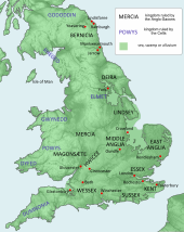 The main Anglo-Saxon kingdoms Kingdoms in England and Wales about 600 AD.svg