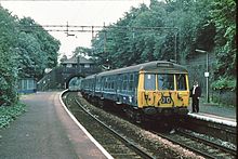 Class 303 at Kirkhill station in 1979 Kirkhill railway station in 1979.jpg