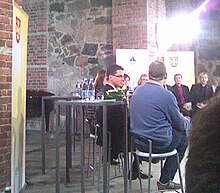 An election hustings event held by the Lutheran Church in the Helsinki Cathedral crypt. Kirkon tentti Kryptassa.jpg