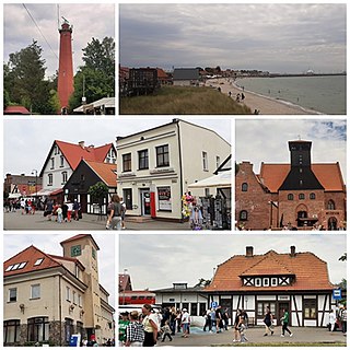 1. farol, 2. panorama da cidade e porto, 3. rua Wiejska, 4. museu da pesca, 5. prefeitura, 6. prédio da estação ferroviária