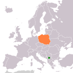 Карта, показваща местоположенията на Косово и Полша