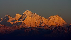 Lhotse, Everest, Makalu og Chomolonzo sett frå Phalut i Vest-Bengal i India.