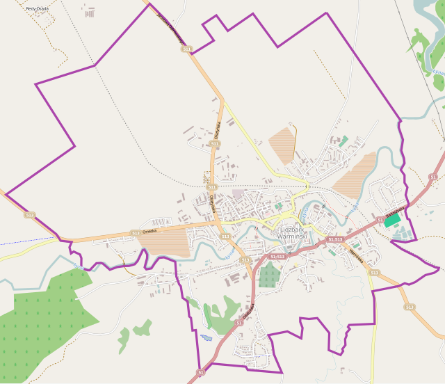 Mapa konturowa Lidzbarka Warmińskiego, blisko centrum na dole znajduje się punkt z opisem „ulica Olsztyńska”