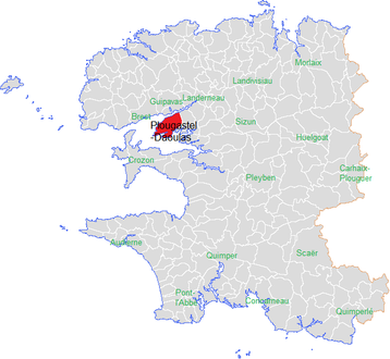 Carte représentant par des couleurs différentes l'emplacement d'une commune au sein de son département.