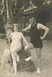 Jack and Charmian London (c. 1915) at Waikiki Londons surfing in hawaii.jpg