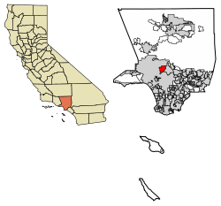 左：カリフォルニア州内のロサンゼルス郡の位置 右：ロサンゼルス郡内のバーバンク市の位置の位置図