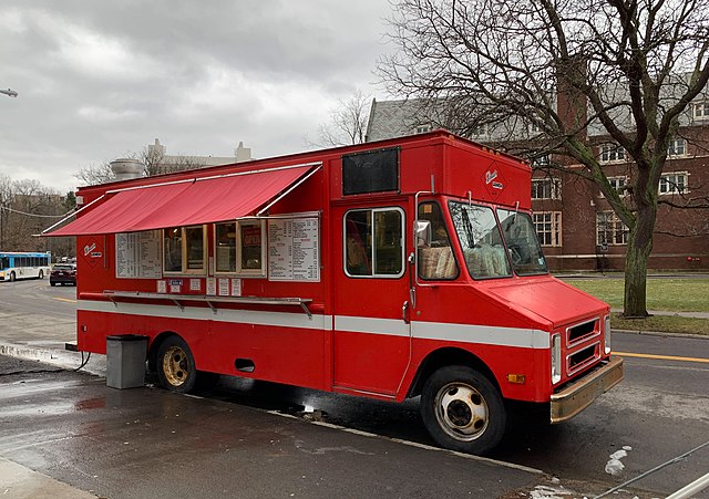 A Chevrolet Step-Van food truck in Ithaca, New York near Cornell University