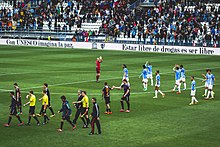 Al finalizar un partido, varios jugadores del Málaga saludan a la afición en el centro del terreno de juego del Estadio La Rosaleda